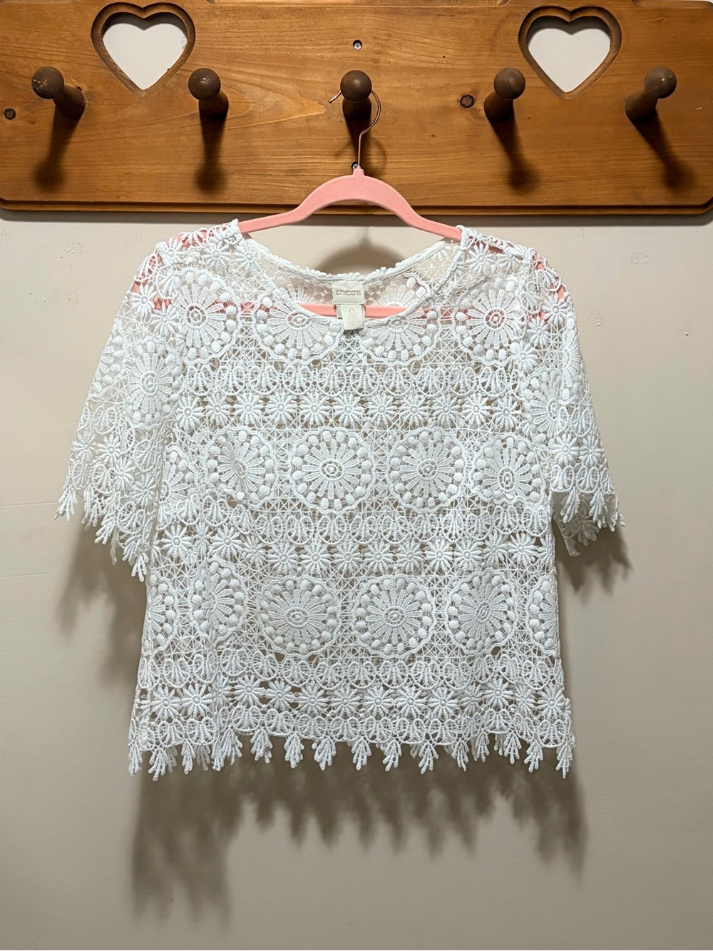 Chico’s White Crochet Lace Floral Top Size 0 Short Sleeve Boho